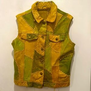 Unique handmade leather vest greens and yellows chartreuse.